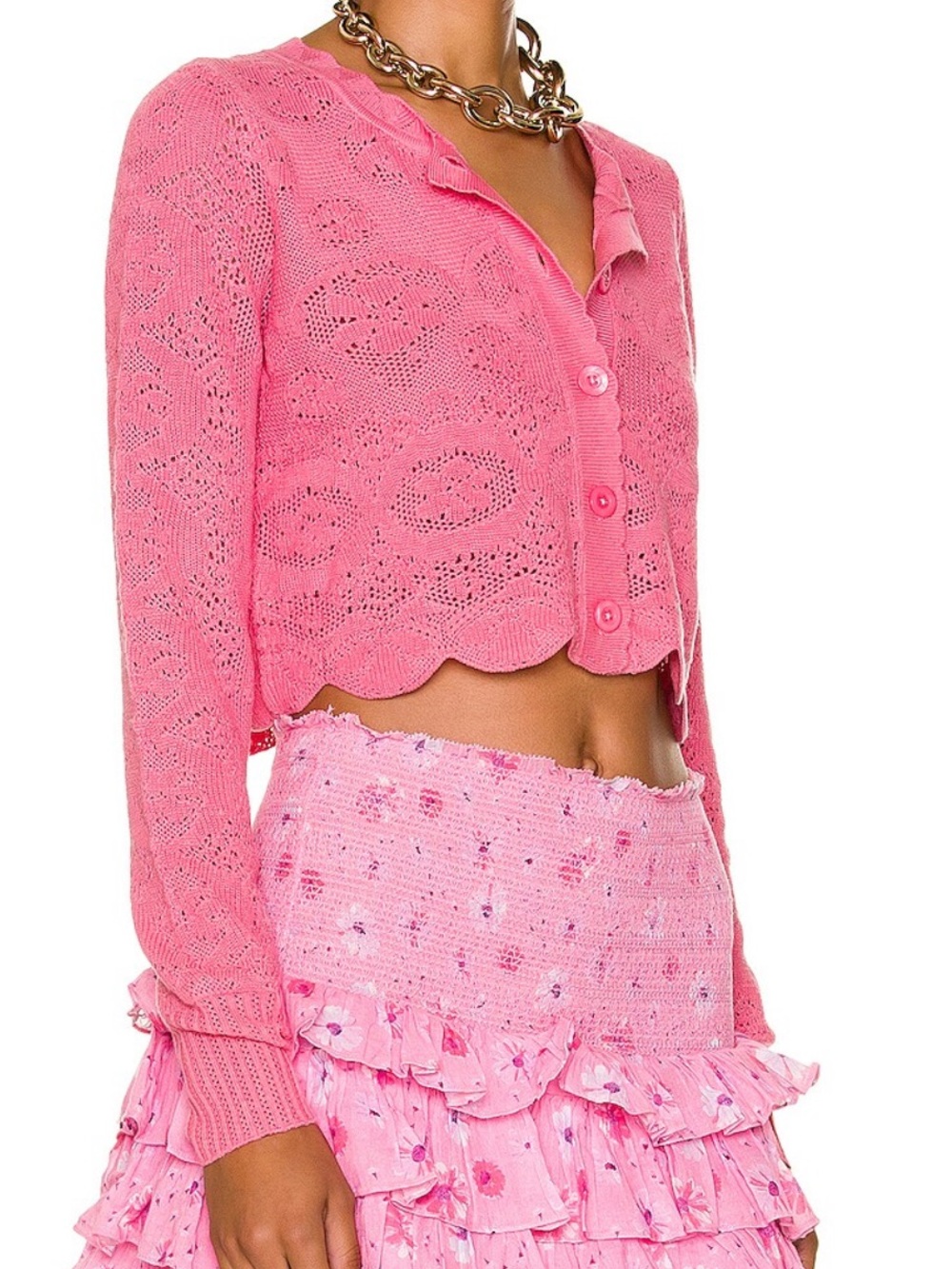 LoveShackFancy Hot Pink Eyelet Knit Button Cardigan